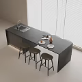 Modern Kitchen Interior Featuring Island Sink Stools Plates And Window Blinds 3d model