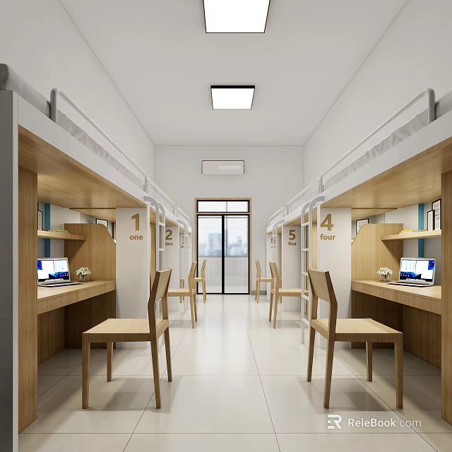 Clean And Bright School Dormitory Interior With Bunk Beds Desks Chairs Computers 3d model 