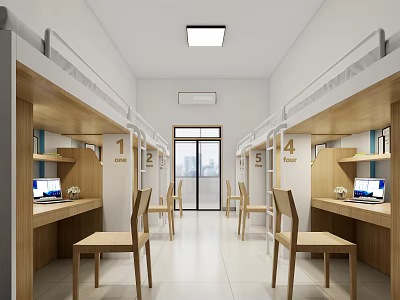 Clean And Bright School Dormitory Interior With Bunk Beds Desks Chairs Computers 3d model