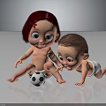 Young Children Playing With Soccer Ball Crawling And Sitting Together 3d model