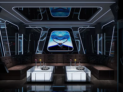 Modern KTV Interior With LED Screen Neon Lighting Brown Sofas And White Coffee Tables 3d model