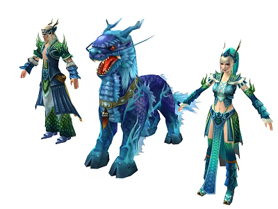 Fantasy Game Characters With Blue Dragon Creature And Elven Warriors In Green Outfits 3d model