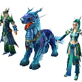 Fantasy Game Characters With Blue Dragon Creature And Elven Warriors In Green Outfits