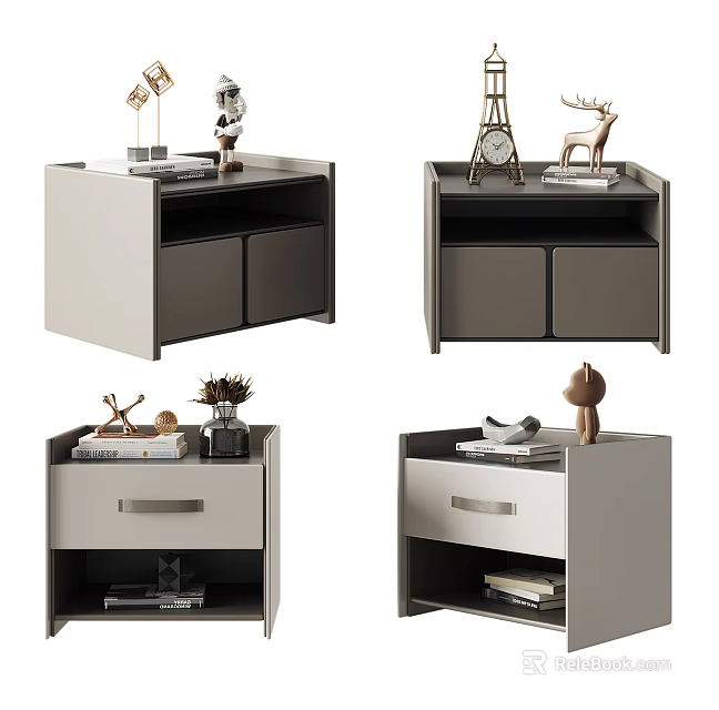 Modern Light Gray Bedside Tables With Drawers And Decorative Items On Top 3d model