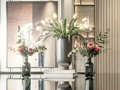 Silver Vase With Fresh Pink Flowers And Small Green Vases On Modern Interior Tabletop 3d model