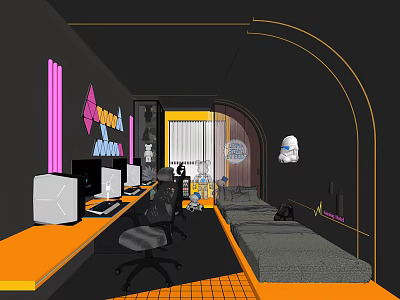 Modern Internet Cafe Interior With Computers Tables Neon Decorations And Orange Countertops 3d model