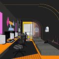 Modern Internet Cafe Interior With Computers Tables Neon Decorations And Orange Countertops