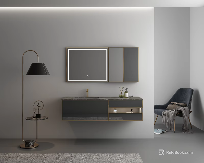 Modern Minimalist Washbasin Vanity With Mirror Cabinet Floor Lamp And Armchair 3d model 