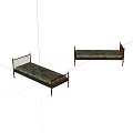 Two Single Beds with Wooden Railed Frame and Patterned Mattress Design 3d model