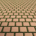 Outdoor Paved Ground With Gray Square Pavers And Green Grass Growing Between Gaps