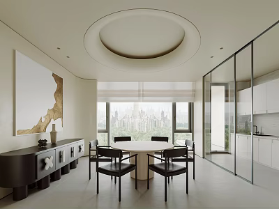 Modern Minimalist Restaurant Interior With Circular Ceiling City View Windows Round Table And Black Chairs 3d model