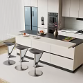 Modern Kitchen Interior Bar Counter Design With Stools Island And White Cabinets 3d model