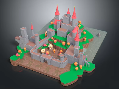 3D Designed Castle Structure Featuring Red Spires Gray Walls Green Grass And Orange Decor 3d model