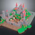 3D Designed Castle Structure Featuring Red Spires Gray Walls Green Grass And Orange Decor