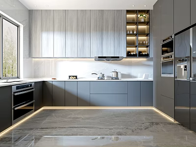 Modern Kitchen Interior With Gray Wood Cabinets Marble Island Built in Appliances And Ambient Lighting 3d model