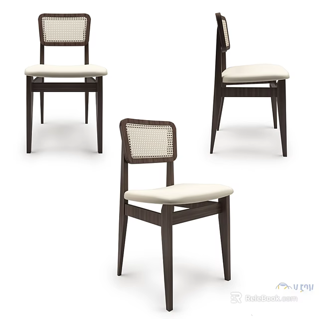 Elegant Single Chair Featuring Wooden Frame Woven Backrest and White Cushion 3d model 