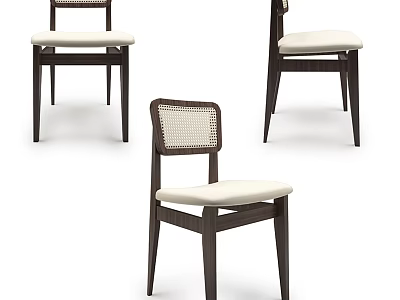 Elegant Single Chair Featuring Wooden Frame Woven Backrest and White Cushion 3d model