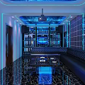 Modern KTV Interior With Blue Lighting Bar Counter Leather Sofa And Marble Floor