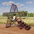 Star-shaped Metal Photo Spot in Rice Field with Blue Sky Trees and Wooden Platform