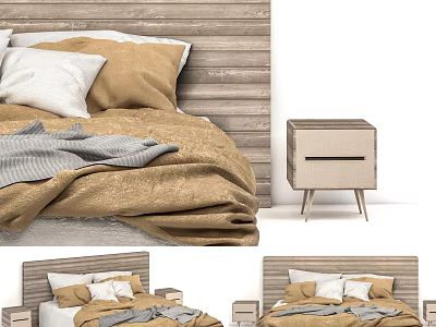 Modern Double Bed Interior With Cozy Pillows Knit Blanket And Wooden Bedside Table 3d model