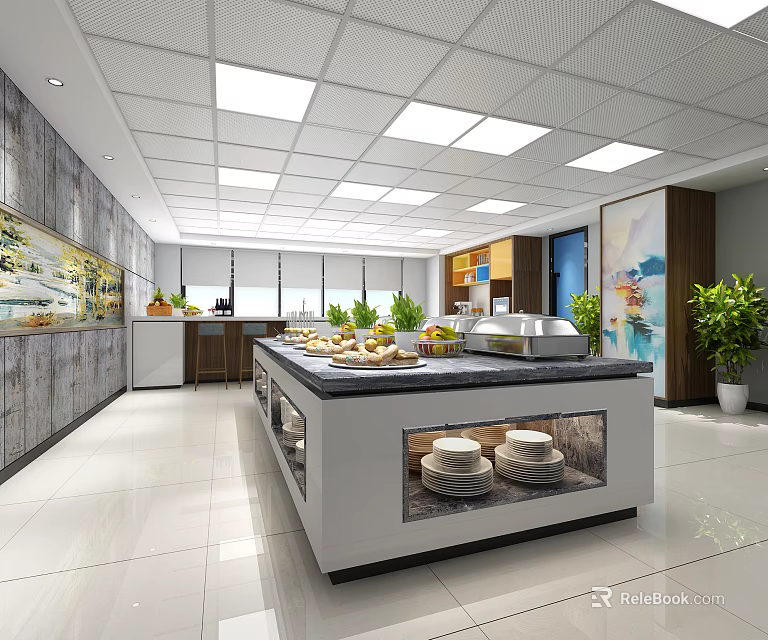 Modern Restaurant Interior With Bright Buffet Counter Fresh Fruits And Decorative Plants 3d model 
