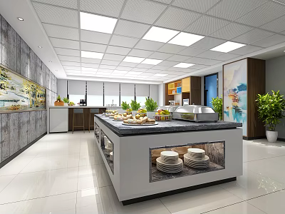 Modern Restaurant Interior With Bright Buffet Counter Fresh Fruits And Decorative Plants 3d model