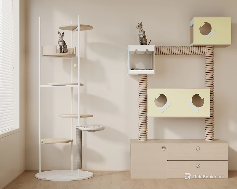 Multi Tiered Cat Furniture Shelf With Condo Scratching Post Drawers And Figurine 3d model 