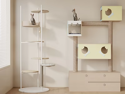 Multi Tiered Cat Furniture Shelf With Condo Scratching Post Drawers And Figurine 3d model