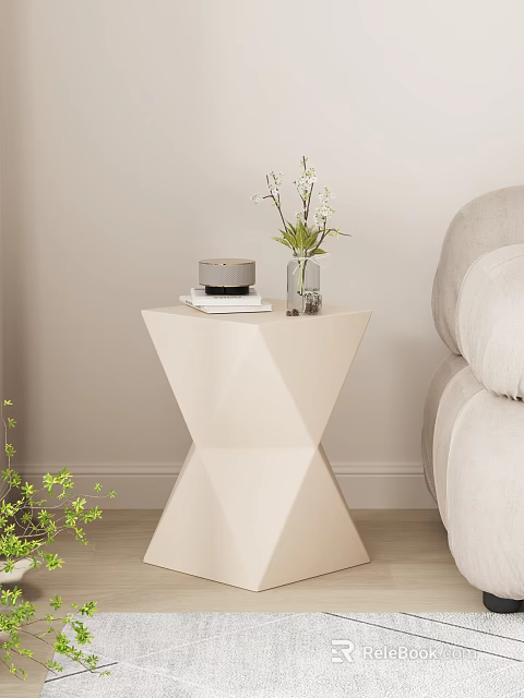 Modern Geometric Side Table With White Finish Featuring Books Vase Flowers And Gray Round Decor 3d model 