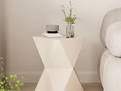 Modern Geometric Side Table With White Finish Featuring Books Vase Flowers And Gray Round Decor 3d model