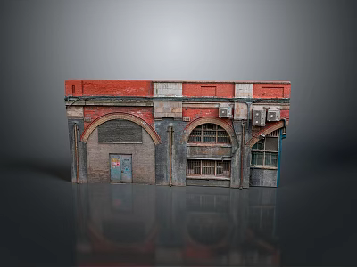 Vintage Building Facade Model With Red Wall Arched Windows And Blue Door 3d model
