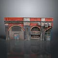 Vintage Building Facade Model With Red Wall Arched Windows And Blue Door