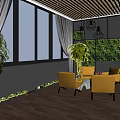 Modern Industrial Style Office Reception Space With Featured Brand Wall And Bright Yellow Lounge Chairs