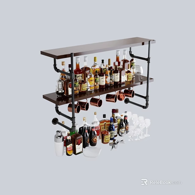 Dark Brown Multi Tiered Home Bar Shelf With Liquor Bottles Wine Glasses And Metal Brackets 3d model 