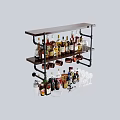 Dark Brown Multi Tiered Home Bar Shelf With Liquor Bottles Wine Glasses And Metal Brackets