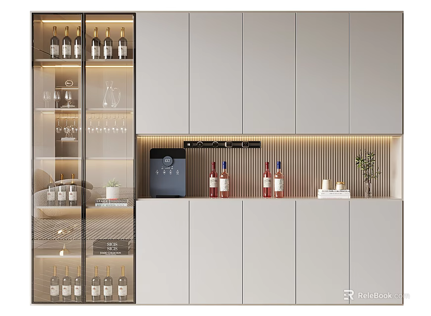 Sleek Modern Wine Cabinet With Glass Doors Wine Bottles Wine Glasses And LED Lighting 3d model 