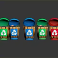 Colorful Recycling Bins With Green Blue Red Lids And Recycle Symbols On Wooden Bodies
