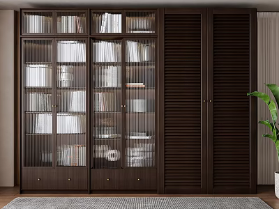 Modern Dark Wood Bookcase With Glass Doors And Shelves Filled With Books 3d model