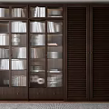Modern Dark Wood Bookcase With Glass Doors And Shelves Filled With Books