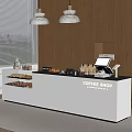 Modern Coffee Shop Cashier Counter With Display Items And Hanging Lights