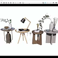 Various Design Side Tables with Plants Table Lamp Books and Vase 3d model