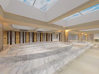 Luxurious SPA Sauna Interior With Marble Seating Skylights Columns And Warm Lighting 3d model
