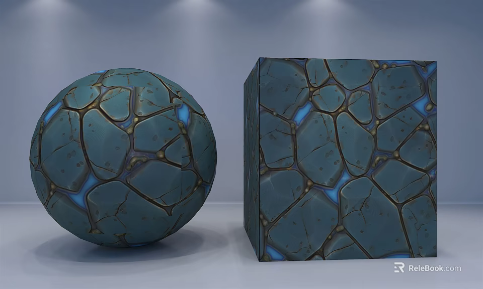 Smooth Light Colored Floor Surface With Blue Illuminated Cracked Hexagonal Pattern Sphere And Cube 3d model 