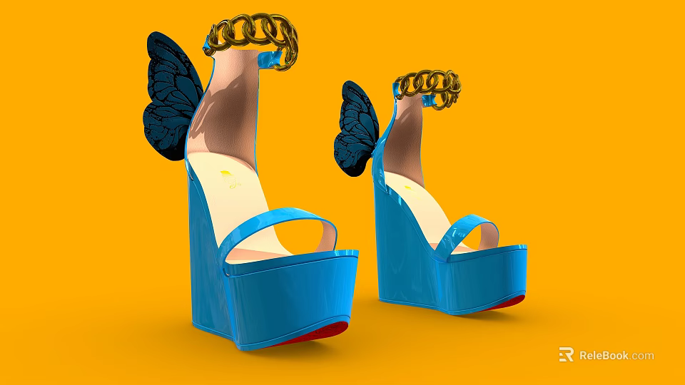 Stylish Blue Platform High Heels With Butterfly Wing Details And Gold Chain Accents 3d model 