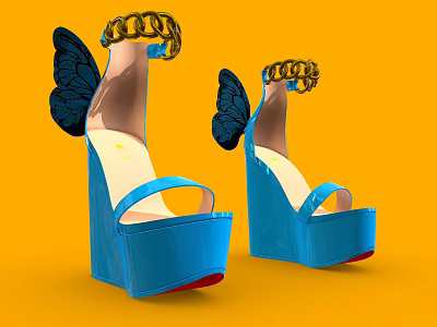 Stylish Blue Platform High Heels With Butterfly Wing Details And Gold Chain Accents 3d model