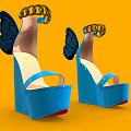 Stylish Blue Platform High Heels With Butterfly Wing Details And Gold Chain Accents