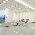 Modern Lobby Interior With Large Screen Display City View Windows And Comfortable Seating 3d model