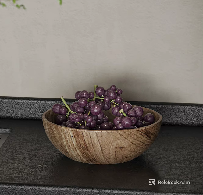Fresh Purple Grapes in a Wooden Bowl on Dark Countertop with Light Background Wall 3d model 