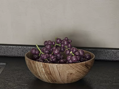 Fresh Purple Grapes in a Wooden Bowl on Dark Countertop with Light Background Wall 3d model