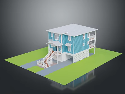 Two Story Blue House Exterior With White Roof Porch Staircase And Green Lawn 3d model